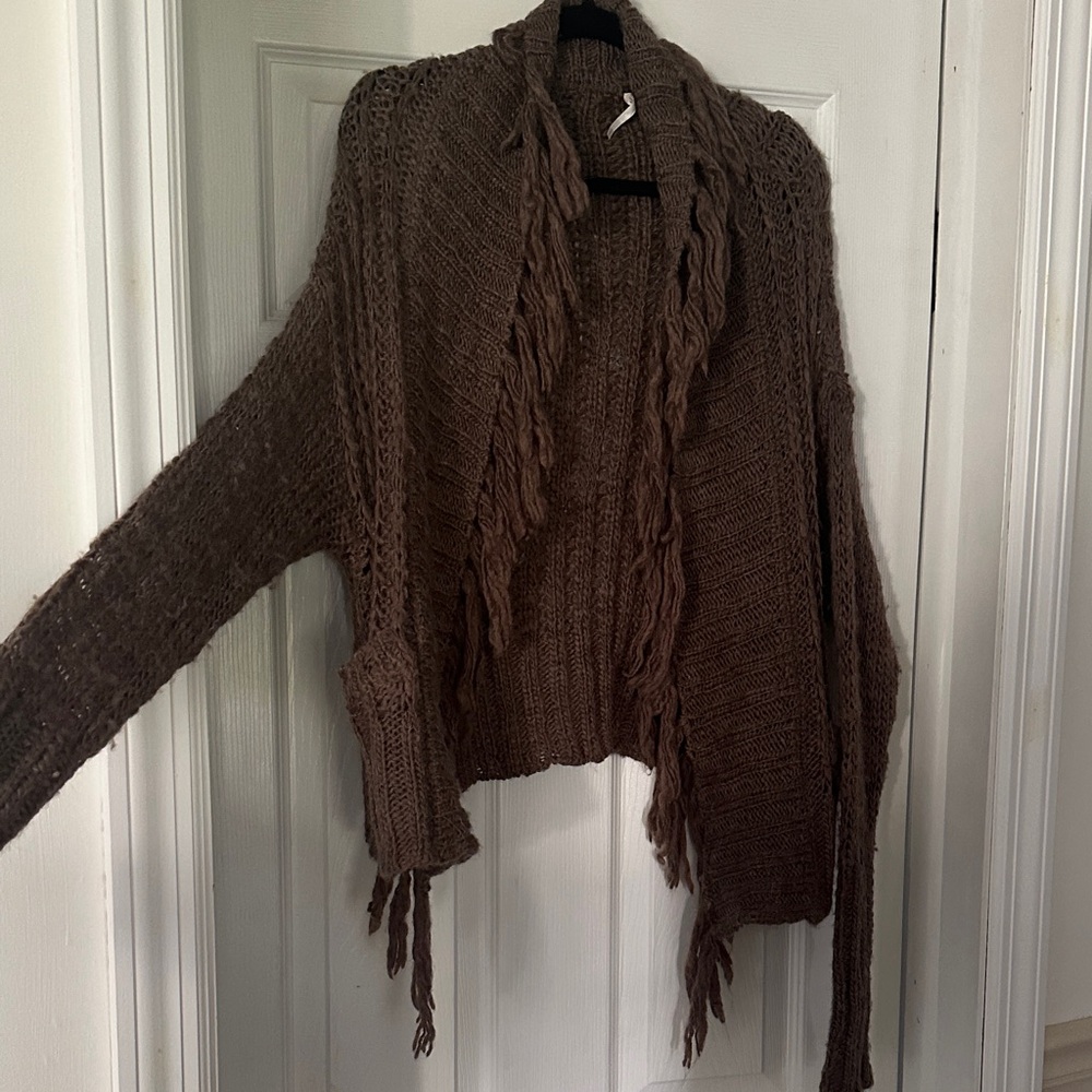 Free People Chunky Brown Fringe Cardigan